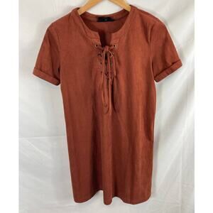 Sweet Wanderer Faux Suede Lace up Short Sleeve Dress S